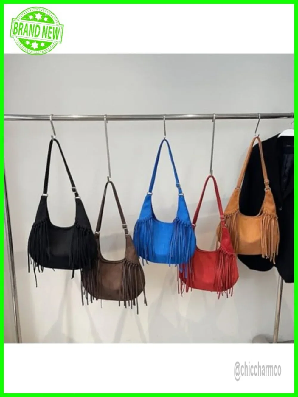 Frosted Fringe Hobo Bag Faux Suede Shoulder Purse Tassel Bucket Crossbody